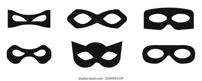 Incognito mask, villain or robber hide face element, black silhouette mystery costume icon. Superhero or carnival bandit burgar 