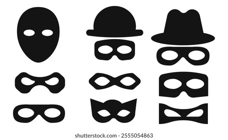 Incognito mask, villain or robber hide face element, black silhouette mystery costume icon. Superhero or carnival bandit burgar 