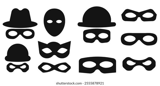 Incognito mask, villain or robber hide face element, black silhouette mystery costume icon. Superhero or carnival bandit burgar 