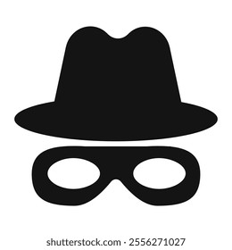 Incognito mask, villain or robber hide face element, black silhouette mystery costume with hat icon. Superhero or carnival bandit burgar 