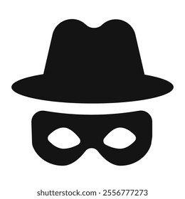 Incognito mask, villain or robber hide face element, black silhouette mystery costume with hat icon. Superhero or carnival bandit burgar 