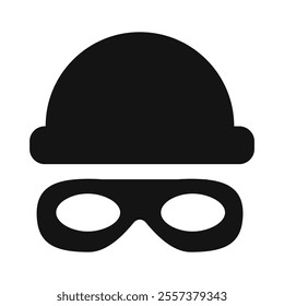 Incognito mask, villain or robber hide face element, black silhouette mystery costume with hat icon. Superhero or carnival bandit burgar 