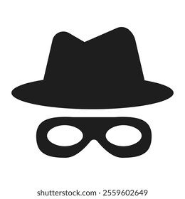 Incognito mask, villain or robber hide face element, black silhouette mystery costume with hat icon. Superhero or carnival bandit burgar 