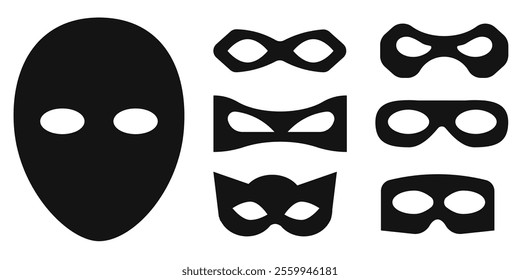 Incognito mask, villain or robber hide face element, black silhouette mystery costume icon. Superhero or carnival bandit burgar 