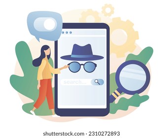 Incognito mode concept. Anonymous search in smartphone app. Browse in private. Online privacy and personal data protection. Confidential information. Modern flat cartoon style. Vector illustration