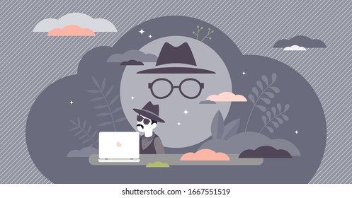 Incognito mode concept, flat tiny person vector illustration. Online privacy and personal data protection. Secure SSL connection web browsing. Confidential information and user identity safety risk.