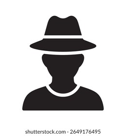Ícone do modo incógnito com uma pessoa de chapéu e óculos escuros representando navegação anônima de privacidade e um agente secreto ou ícone de glifo sólido do vetor de espião
