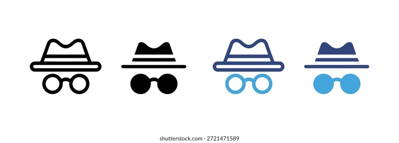 Incognito mode icon set with private browsing hat and glasses symbol. vector illustration