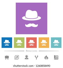 Incognito with mustache flat white icons in square backgrounds. 6 bonus icons included.