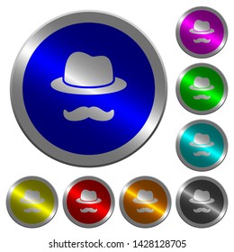 Incognito with mustache icons on round luminous coin-like color steel buttons