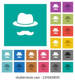 Incognito with mustache multi colored flat icons on plain square backgrounds. Included white and darker icon variations for hover or active effects.