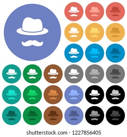 Incognito with mustache multi colored flat icons on round backgrounds. Included white, light and dark icon variations for hover and active status effects, and bonus shades.