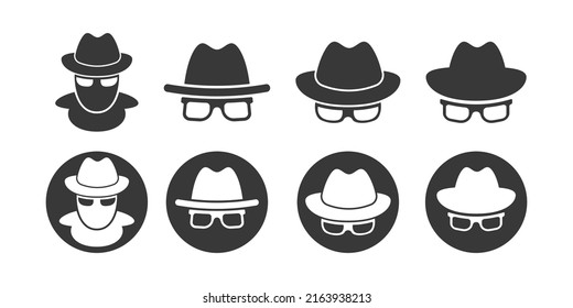 Incognito private mode vetor icon. Anonymous spy symbol. Man with hat and glasses.