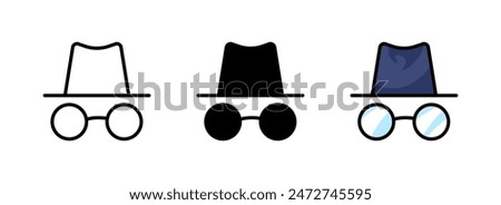 Incognito Set Icons. Glasses with Hat Icons. Linear, Silhouette and Flat Styles. Vector icons.