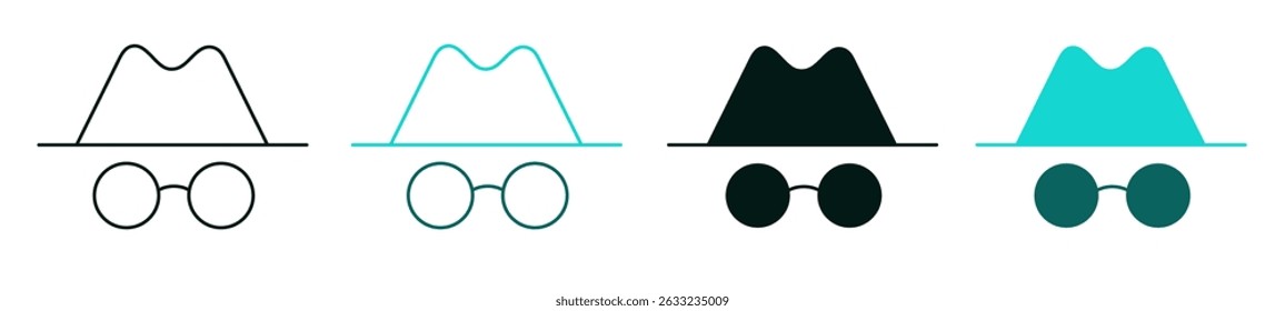Incognito symbol. Icon set. Internet security, privacy, hacker attack or technology concept. Spy with hat logo for web, ui, or mobile app. Line or solid, color or black sign. Editable vector stroke.