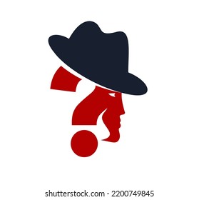 Incognito vector concept question mark with hat like a spy, criminal hiding his person, against law illegal man, unidentified person.