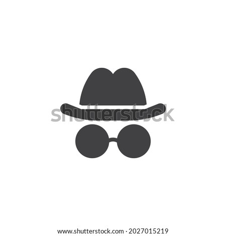 Incognito vector icon. filled flat sign for mobile concept and web design. Hat and glasses glyph icon. Anonymous spy agent symbol, logo illustration. Vector graphics