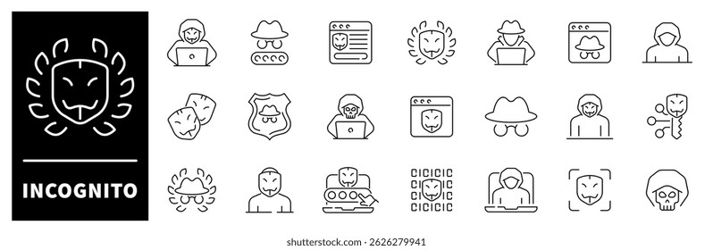 Incognito vector icons. Incognito thin line icon collection.  Spy agent, incognito, anonymous, browse in private icons.