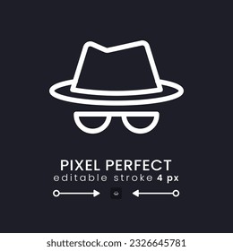 Icono de escritorio lineal en blanco incognito sobre negro. Seguridad personal. Navegando de forma anónima. Píxel perfecto 128x128, contorno 4px. Símbolo de interfaz de usuario aislado para tema oscuro. Trazo editable