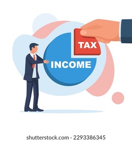 Income after tax. Financial burden. Taxation concept. The big hand takes a share of the income. Vector illustration flat design. Isolated on white background.