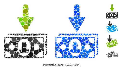 Income banknotes composition of round dots in various sizes and shades, based on income banknotes icon. Vector dots are combined into blue composition.
