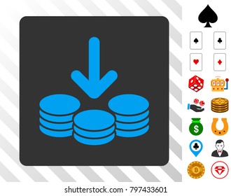 Income blue icon inside gray rounded square with bonus gambling pictograms. Vector illustration style is flat iconic symbols. Designed for gambling software.