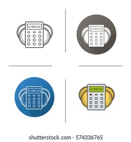 Income calculations icon. Flat design, linear and color styles. Calculator with coins. Financial planning. Isolated vector illustrations