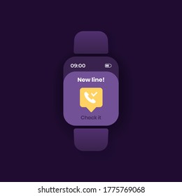 Income call smartwatch interface vector template. Mobile app notification night mode design. Wireless connection message screen. Flat UI for application. Cellphone network. Smart watch display