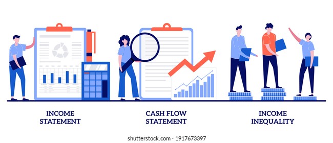 Income and cash flow statement, income inequality concept with tiny people. Balance sheet abstract vector illustration set. Financial plan and report, company debt, accountancy service metaphor.