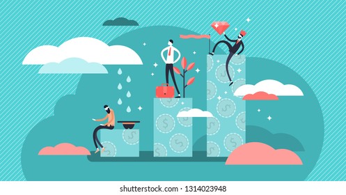 Income Class Vector Illustration. Flat Three Levels Tiny Persons Wealth Concept. Economical System Symbolic Chart With Poor, Middle And Rich Society Parts. Hierarchy And Income Level Difference.