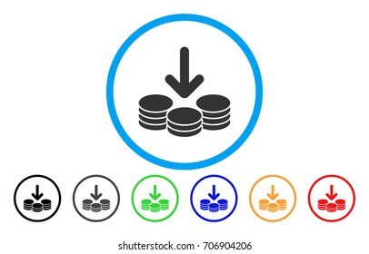 Income Coins vector rounded icon. Image style is a flat gray icon symbol inside a blue circle. Bonus color versions are grey, black, blue, green, red, orange.