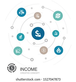 Income colored circle concept with simple icons. Contains such elements as save money, profit, investment