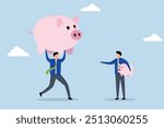 income comparison, Businessman holds a small piggy bank while gazing at a larger pension fund.