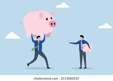 income comparison, Businessman holds a small piggy bank while gazing at a larger pension fund.