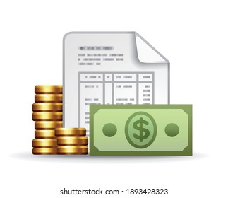 Income Concept, Money With A Payslip. Professional Vector Icon.