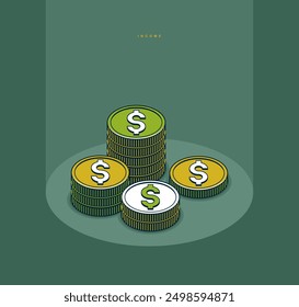Income concept poster, coin stack vector icon style illustration, revenue and interest metaphor, exchange.