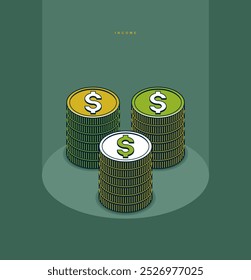 Income concept poster, coin stack vector icon style illustration, revenue and interest metaphor, exchange.