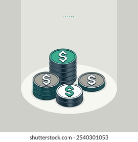 Póster de concepto de ingresos, ilustración de estilo de icono de Vector de pila de monedas, metáfora de ingresos e intereses, intercambio.