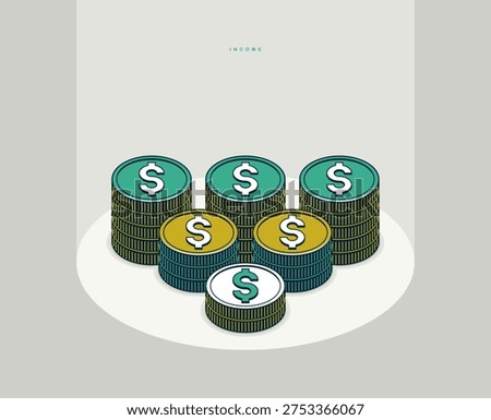 Income concept poster, coin stack vector icon style illustration, revenue and interest metaphor, exchange.