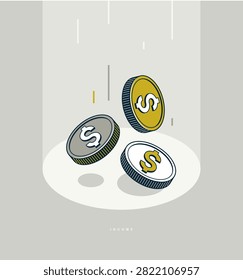 Income concept poster, coins falling down vector icon style illustration, revenue and interest metaphor, passive income.