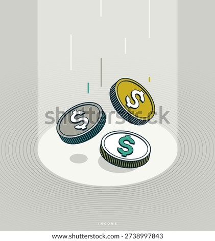  Income concept poster, coins falling down vector icon style illustration, revenue and interest metaphor, passive income.