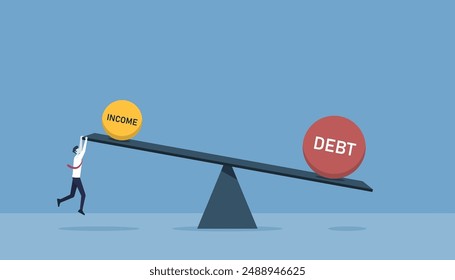 Income and debt with seesaw showing higher debt than income, businessman try to make it in balance