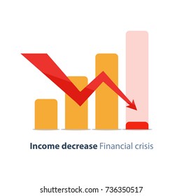 Income Decrease Graph, Financial Crisis Rate, Revenue Decline Chart, Economy Downturn, Investment Risk, Fund Management, Budget Deficit, Vector Illustration Flat Icon