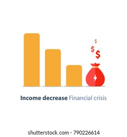 Income Decrease Graph, Financial Crisis Rate, Revenue Decline Chart, Economy Downturn, Investment Risk, Fund Management, Budget Deficit, Vector Illustration, Flat Icon