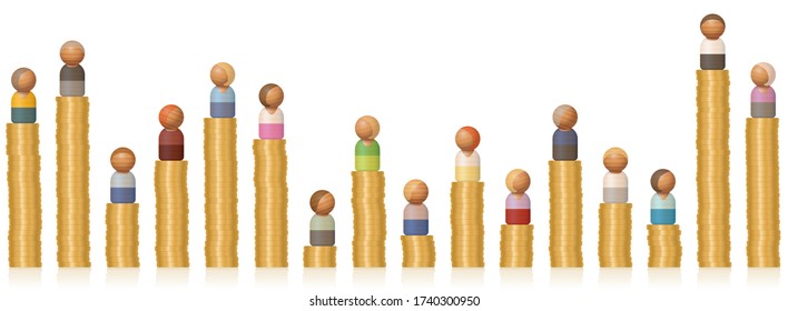 Diferenciales de ingresos de personas ricas y pobres en torres de monedas bajas y altas. Símbolo de diferentes ingresos, desigualdad, riqueza diversa, carrera, prosperidad y oportunidades de negocio. Vector de blanco.
