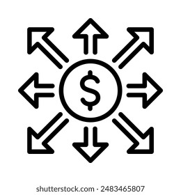 Income Distribution Icon. Money place in the middle of arrows. Simple line icon. Isolate on white background. Vector.