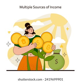 Income Diversity concept. Embracing multiple revenue streams for financial stability and growth. Wealth cultivation through varied sources. Flat vector illustration.
