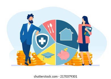 Income and expense management concept. Vector of a young family planning monthly spending and budget
