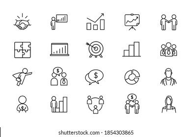 Income, Finance And Banking Sector Vector Linear Icons Set. Business People Outline Symbols Pack. Collection Of Business People And Money Icons Isolated Contour Illustrations. Financial Analytics