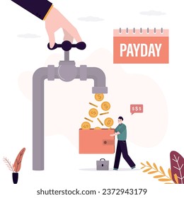 Income, financial concept. Businessman getting money flow from the tap. Happy male employee holds wallet and take profit or salary. Payday, payrolls. Hand opened valve and give money for staff. vector